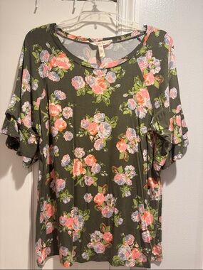 Matilda Jane Olive Floral Ruffle Sleeve Tee - Pink & Lavender Blooms